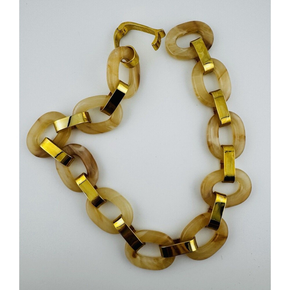 J Crew Chunky Necklace Gold Tone Tortoiseshell Butterscotch  Acrylic Chain 20” - Picture 3 of 4